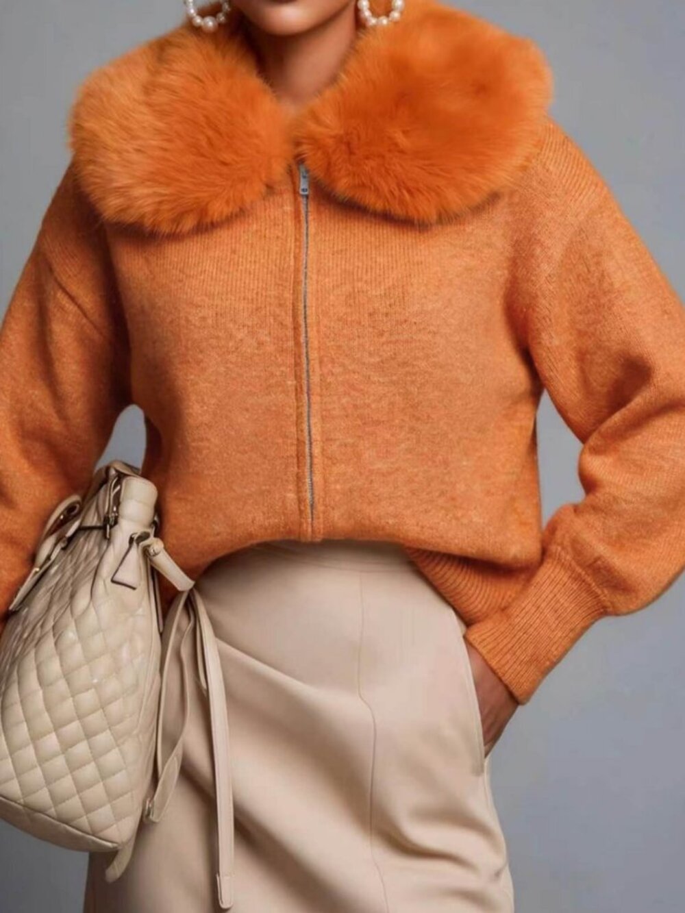 Orange Casual Women's Knitwear Contrast Faux Fur Zipper Cardigan